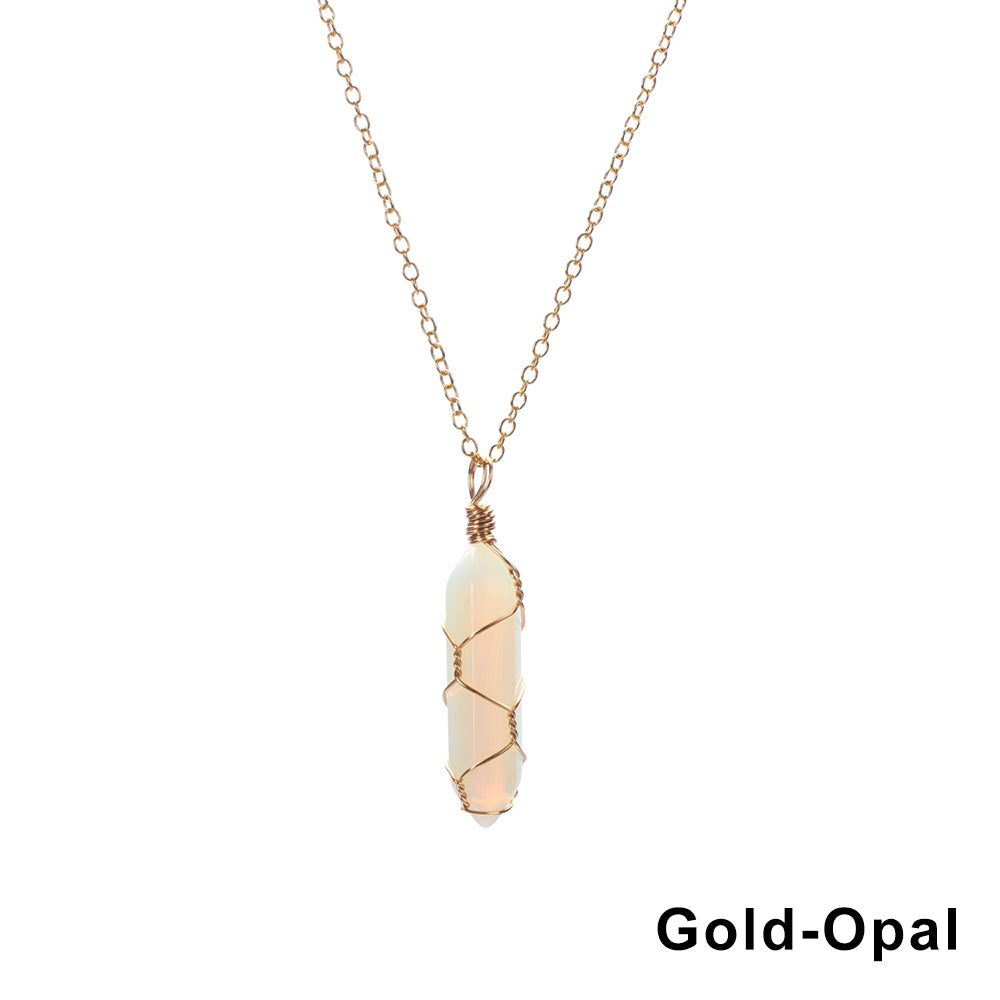 1Pc Fashion Hexagonal Cylindrical Crystal Necklace, Wire Wrap Amethyst Pendant, Natural Stone Valentine Day Gift