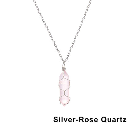 1Pc Fashion Hexagonal Cylindrical Crystal Necklace, Wire Wrap Amethyst Pendant, Natural Stone Valentine Day Gift