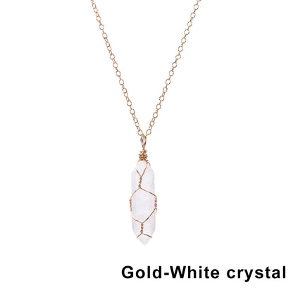 1Pc Fashion Hexagonal Cylindrical Crystal Necklace, Wire Wrap Amethyst Pendant, Natural Stone Valentine Day Gift
