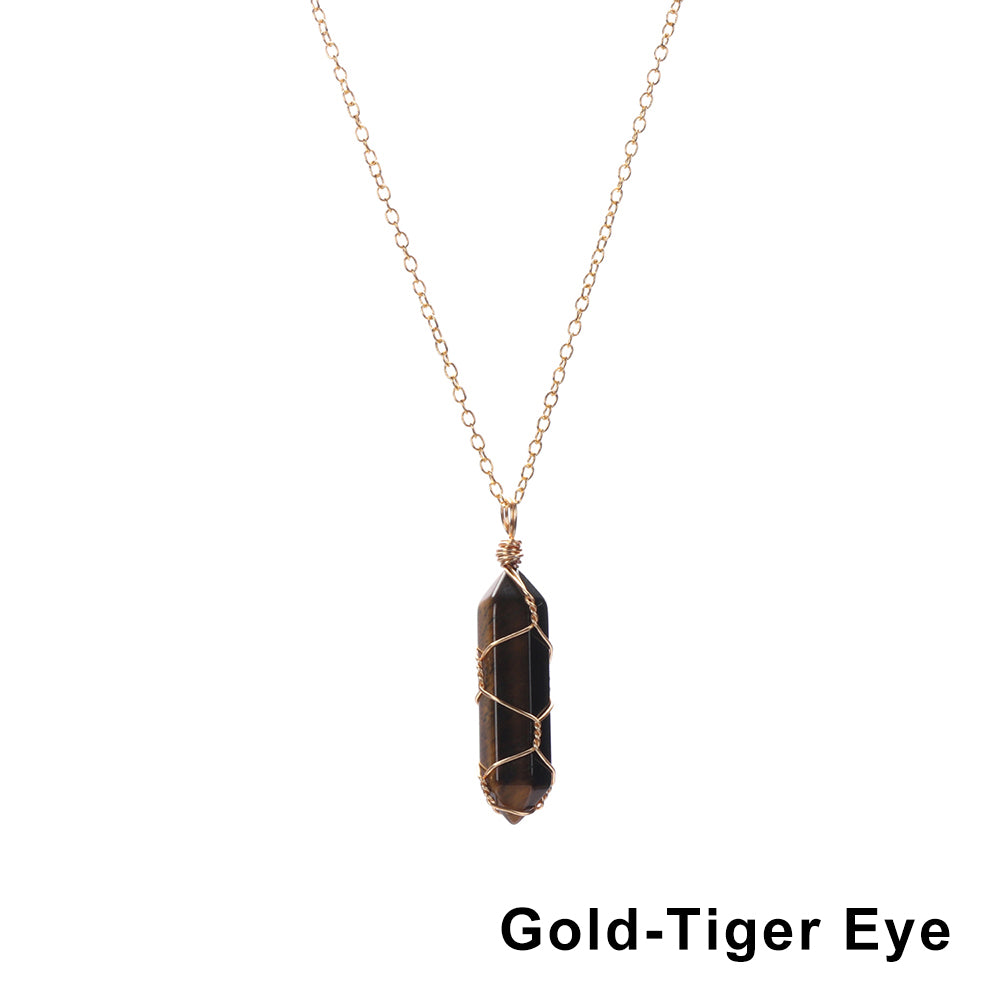 1Pc Fashion Hexagonal Cylindrical Crystal Necklace, Wire Wrap Amethyst Pendant, Natural Stone Valentine Day Gift