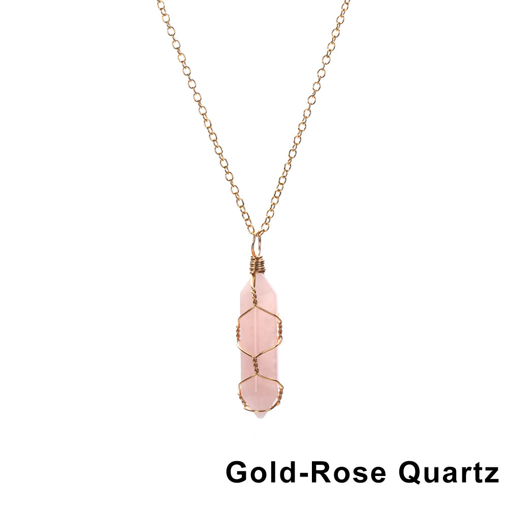 1Pc Fashion Hexagonal Cylindrical Crystal Necklace, Wire Wrap Amethyst Pendant, Natural Stone Valentine Day Gift