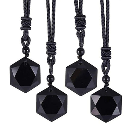 Obsidian Pendant & Pendulum, Hexagram Energy Stone Necklace for Men, Women, Protective Sweater Chain Accessory