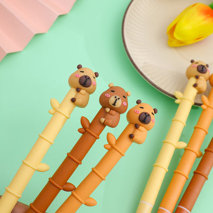 3PCS Cartoon Capybara Gel Pens Bamboo Design Soft Glue Cute Creative Stationery for Students Gift Pack