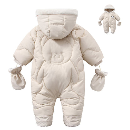 Korean Style Baby Boy Winter Jumpsuit with Cartoon Bear Plus Velvet Coat, Toddler Girl Snowsuit Winter Romper Outfit