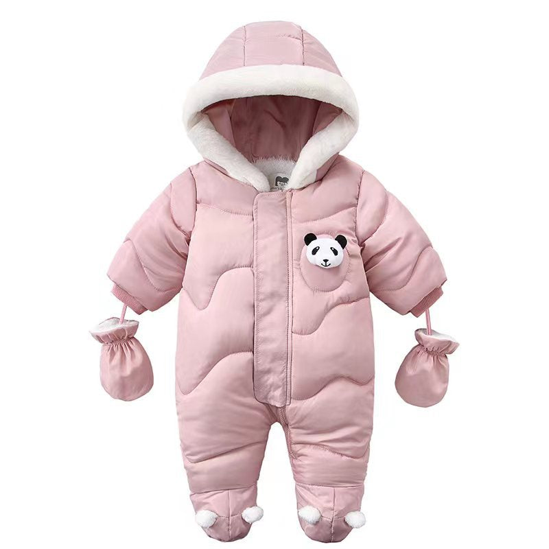 Korean Style Baby Boy Winter Jumpsuit with Cartoon Bear Plus Velvet Coat, Toddler Girl Snowsuit Winter Romper Outfit