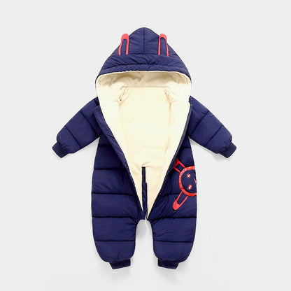 Cartoon Hooded Snowsuit New born Plus Velvet Baby Costume Winter Cotton Overalls Rompers for Toddler Boy Girl