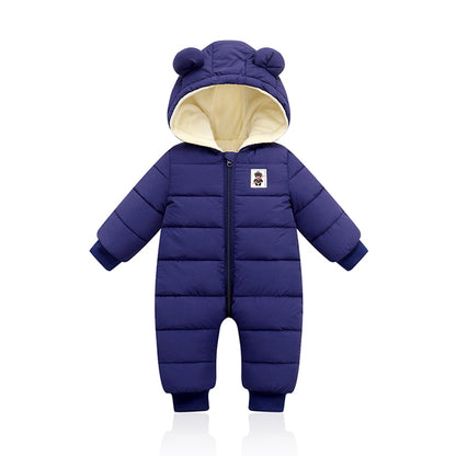 Cartoon Hooded Snowsuit New born Plus Velvet Baby Costume Winter Cotton Overalls Rompers for Toddler Boy Girl