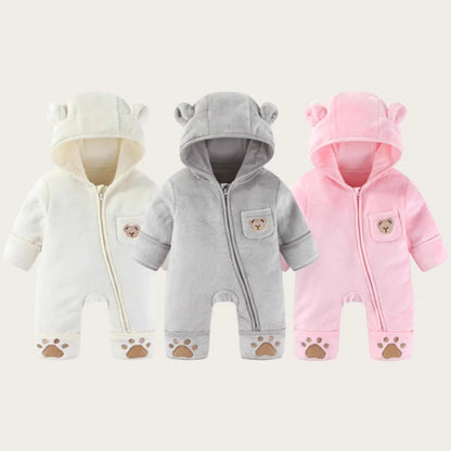 Infant Baby Girls Boy Winter Fleece Thickened Onesie 0-12M Newborn Baby Romper Bear Ear Hooded Jumpsuit with Pocket