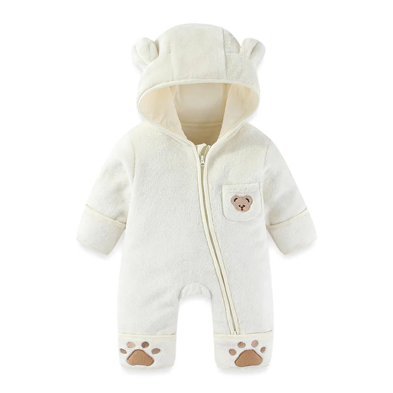 Infant Baby Girls Boy Winter Fleece Thickened Onesie 0-12M Newborn Baby Romper Bear Ear Hooded Jumpsuit with Pocket
