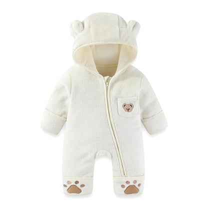 Infant Baby Girls Boy Winter Fleece Thickened Onesie 0-12M Newborn Baby Romper Bear Ear Hooded Jumpsuit with Pocket