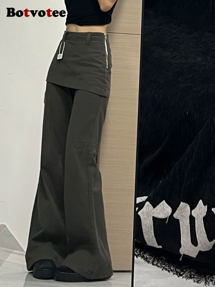 Botvotee Fake Two Piece Plus Size Wide Leg Jeans Women New Y2K Streetwear, High Waisted Flare Denim Pants Fashion