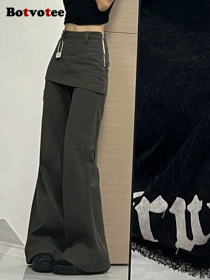 Botvotee Fake Two Piece Plus Size Wide Leg Jeans Women New Y2K Streetwear, High Waisted Flare Denim Pants Fashion