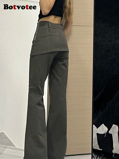 Botvotee Fake Two Piece Plus Size Wide Leg Jeans Women New Y2K Streetwear, High Waisted Flare Denim Pants Fashion