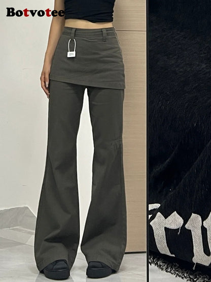 Botvotee Fake Two Piece Plus Size Wide Leg Jeans Women New Y2K Streetwear, High Waisted Flare Denim Pants Fashion