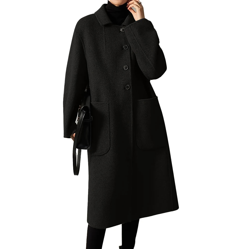 Oversized Plus Size Long Trench Coat, Elegant Wool Blend Pea Coat, Single Breasted Winter Warm Coat With Pockets