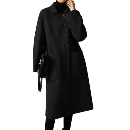 Oversized Plus Size Long Trench Coat, Elegant Wool Blend Pea Coat, Single Breasted Winter Warm Coat With Pockets