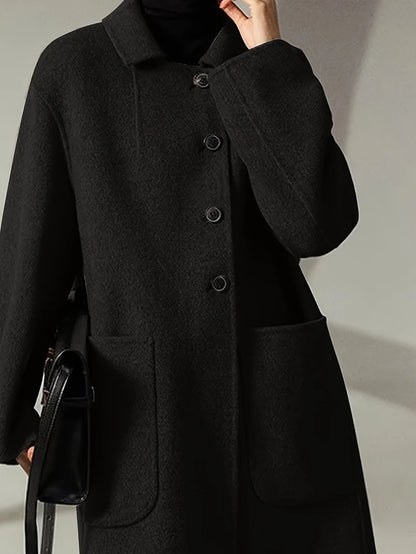 Oversized Plus Size Long Trench Coat, Elegant Wool Blend Pea Coat, Single Breasted Winter Warm Coat With Pockets