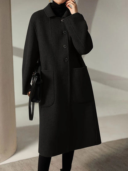 Oversized Plus Size Long Trench Coat, Elegant Wool Blend Pea Coat, Single Breasted Winter Warm Coat With Pockets