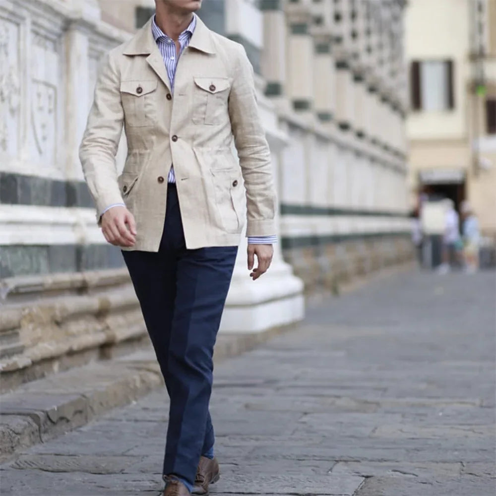 Mens Coats Safari Jacket Linen British Retro Gentry Suit Pockets Outerwear Fashion Solid Color Male Tops Lightweight
