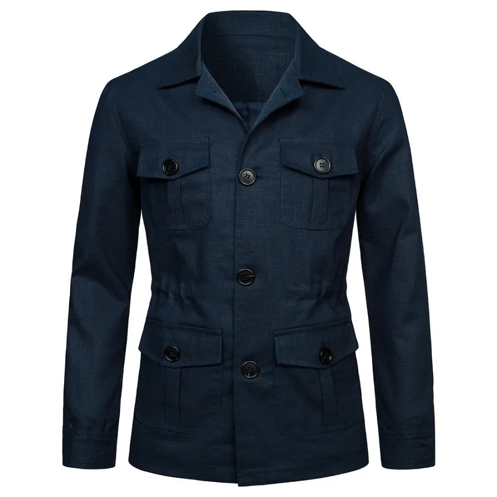 Mens Coats Safari Jacket Linen British Retro Gentry Suit Pockets Outerwear Fashion Solid Color Male Tops Lightweight