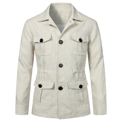 Mens Coats Safari Jacket Linen British Retro Gentry Suit Pockets Outerwear Fashion Solid Color Male Tops Lightweight