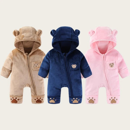 Winter Fleece Infant Baby Girls Boy Thickened Onesie Newborn Baby Romper Bear Ear Hooded Jumpsuit Paw Pocket Warm