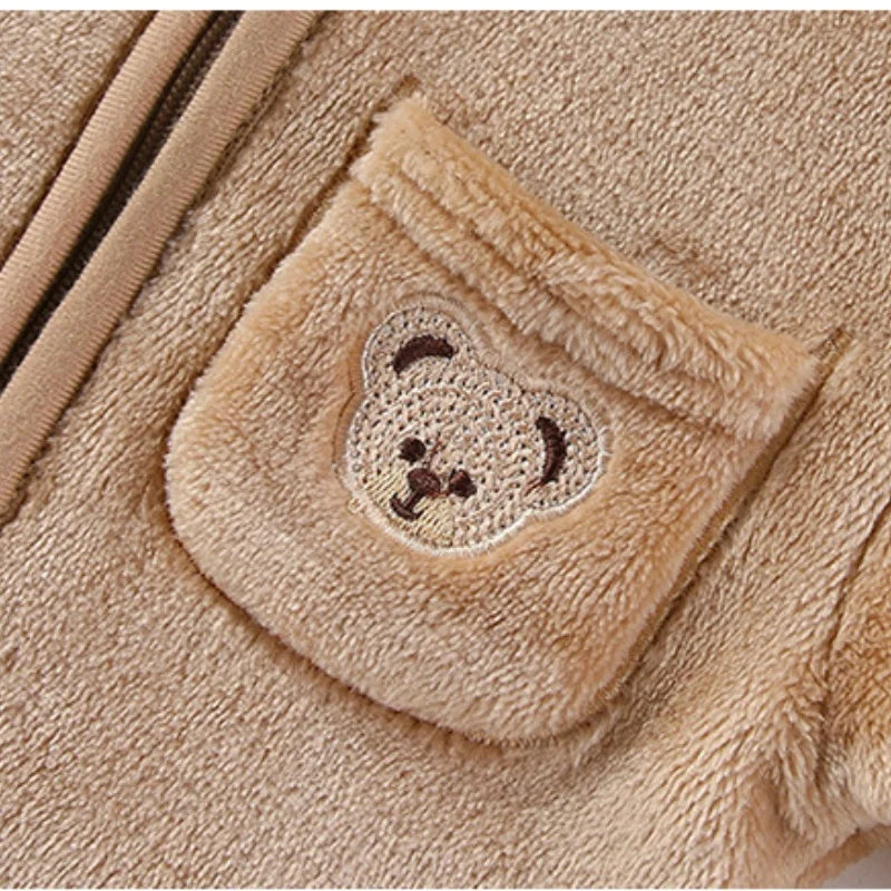 Winter Fleece Infant Baby Girls Boy Thickened Onesie Newborn Baby Romper Bear Ear Hooded Jumpsuit Paw Pocket Warm