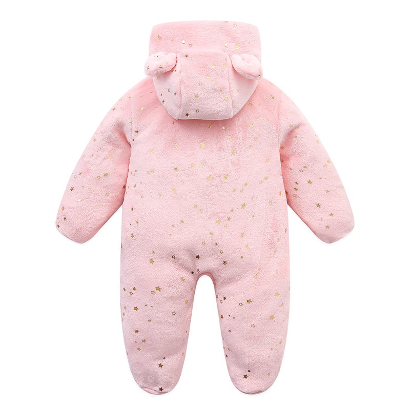 Autumn Winter Newborn Baby Footed Romper Warm Fleece Jumpsuit with Bear Ears Cute Star Cartoon Print One Piece Outfit