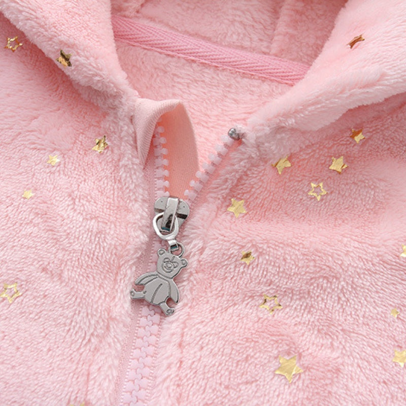 Autumn Winter Newborn Baby Footed Romper Warm Fleece Jumpsuit with Bear Ears Cute Star Cartoon Print One Piece Outfit