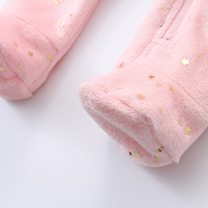 Autumn Winter Newborn Baby Footed Romper Warm Fleece Jumpsuit with Bear Ears Cute Star Cartoon Print One Piece Outfit