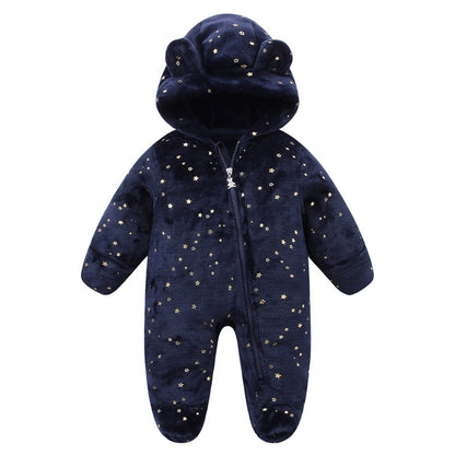 Autumn Winter Newborn Baby Footed Romper Warm Fleece Jumpsuit with Bear Ears Cute Star Cartoon Print One Piece Outfit