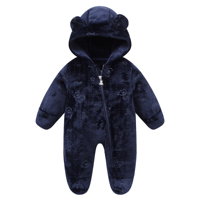 Autumn Winter Newborn Baby Footed Romper Warm Fleece Jumpsuit with Bear Ears Cute Star Cartoon Print One Piece Outfit