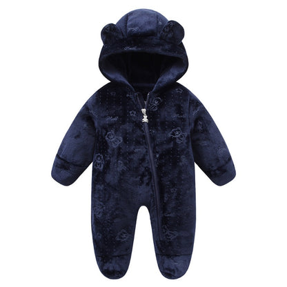 Autumn Winter Newborn Baby Footed Romper Warm Fleece Jumpsuit with Bear Ears Cute Star Cartoon Print One Piece Outfit