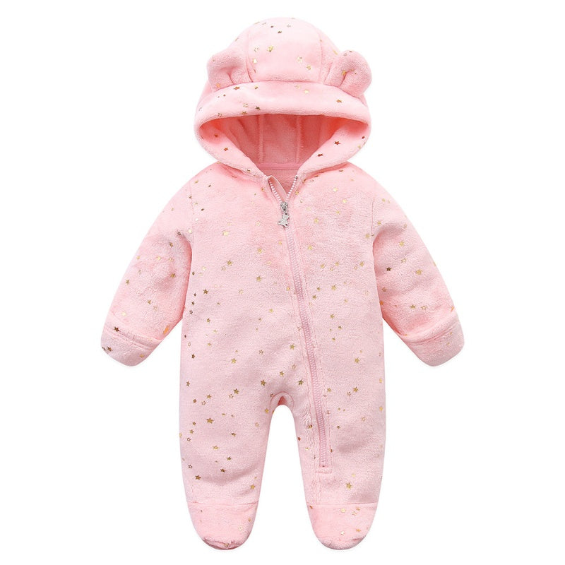 Autumn Winter Newborn Baby Footed Romper Warm Fleece Jumpsuit with Bear Ears Cute Star Cartoon Print One Piece Outfit