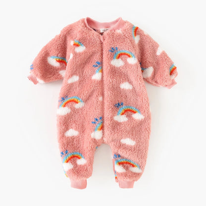 Rainbow Cloud Print Baby Boys Girls Fleece Lined Romper Warm Onesie Outfit Fluffy Zipper Jumpsuit for Toddlers