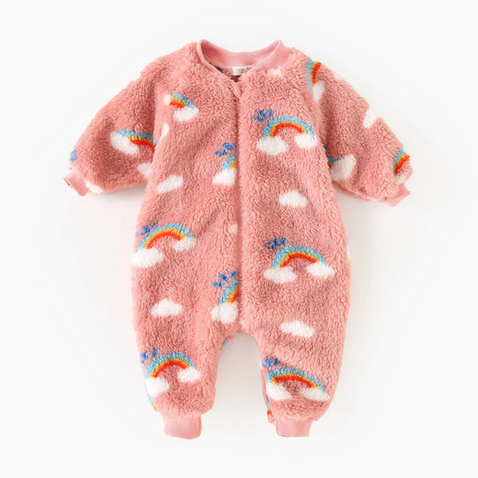 Rainbow Cloud Print Baby Boys Girls Fleece Lined Romper Warm Onesie Outfit Fluffy Zipper Jumpsuit for Toddlers