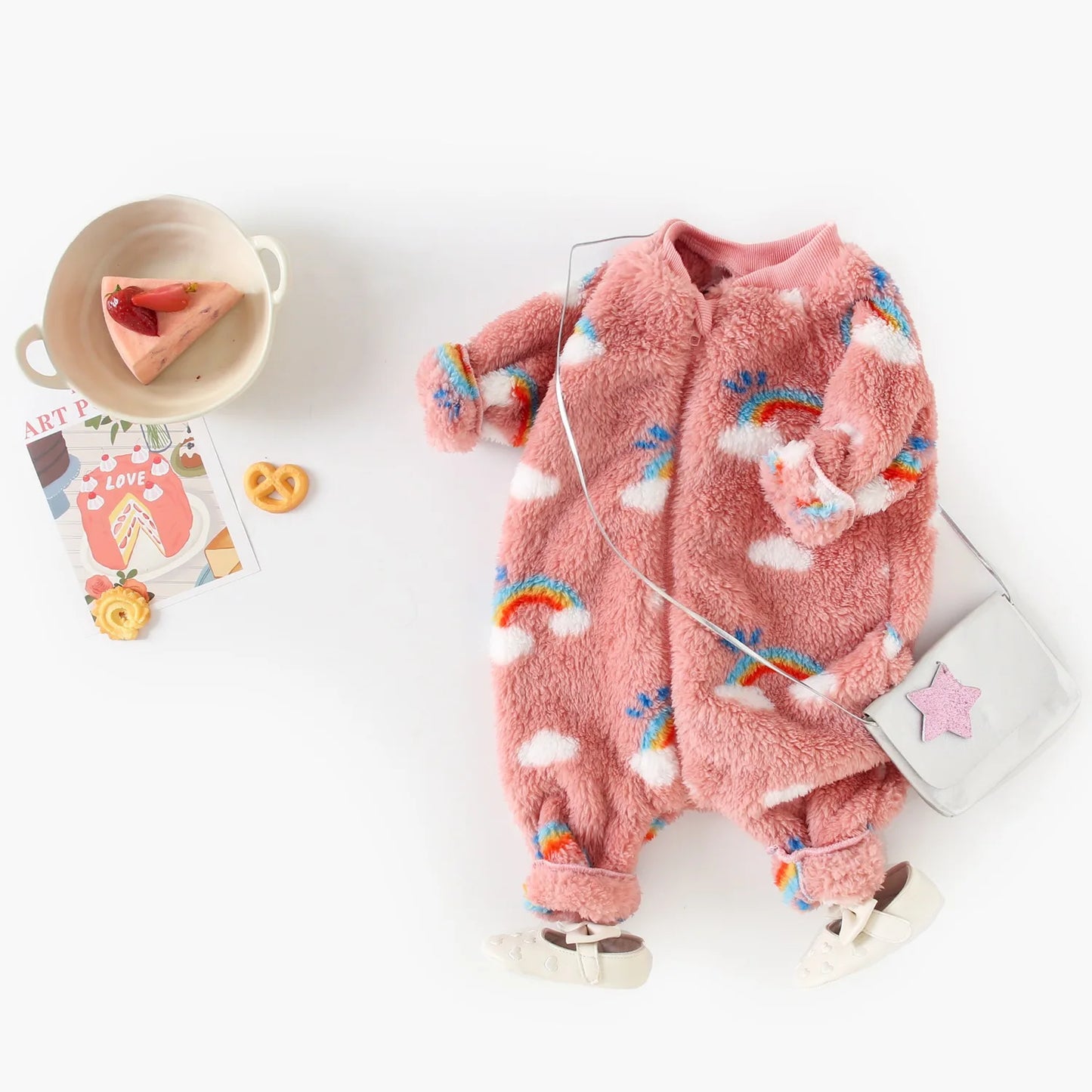 Rainbow Cloud Print Baby Boys Girls Fleece Lined Romper Warm Onesie Outfit Fluffy Zipper Jumpsuit for Toddlers