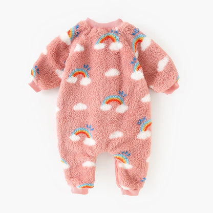 Rainbow Cloud Print Baby Boys Girls Fleece Lined Romper Warm Onesie Outfit Fluffy Zipper Jumpsuit for Toddlers