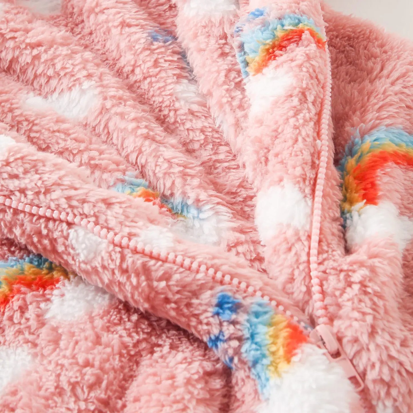 Rainbow Cloud Print Baby Boys Girls Fleece Lined Romper Warm Onesie Outfit Fluffy Zipper Jumpsuit for Toddlers