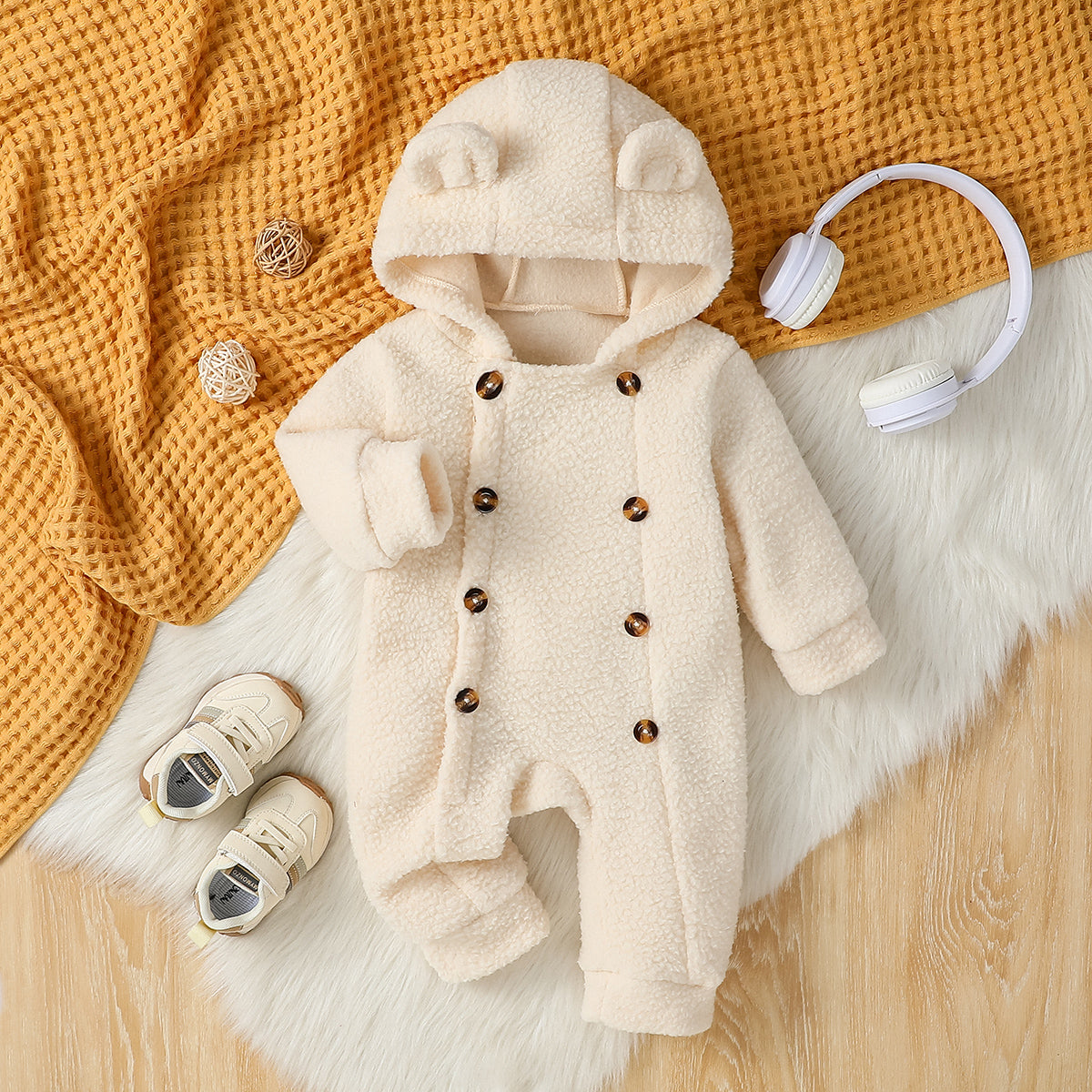 Cut Lovely Newborn Baby Girl Boy Fleece Jumpsuit Autumn Winter Solid Color, Long Sleeve Full Length Hooded Warm Romper