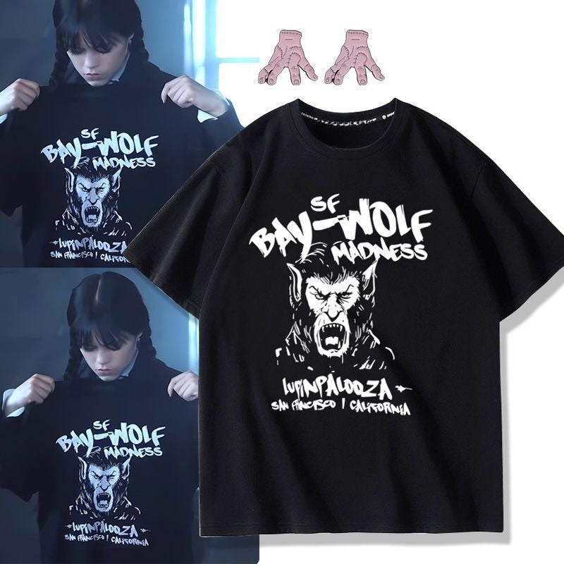 Unisex Wednesday Printed T-Shirt, Cotton Short Sleeve Tee with Vintage Y2K Pattern for Summer Style