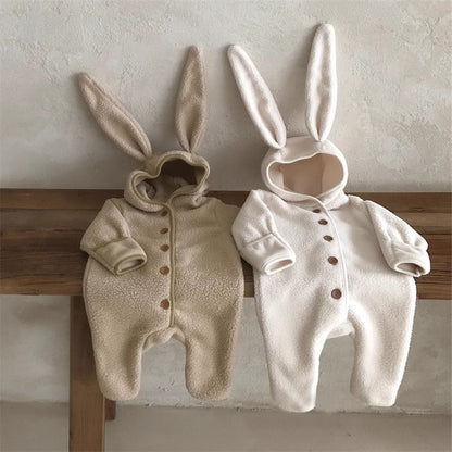 Velvet Autumn Winter Baby Fleece One-piece Kid Casual Jumpsuit, Solid Rabbit Ears Cardigan Romper for Girl or Boy
