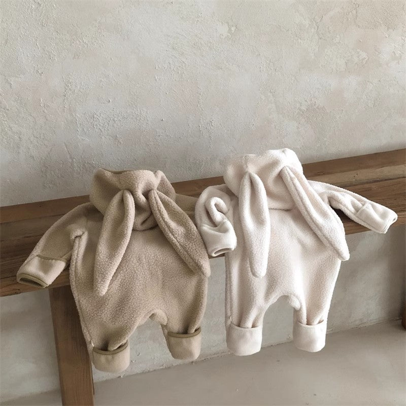 Velvet Autumn Winter Baby Fleece One-piece Kid Casual Jumpsuit, Solid Rabbit Ears Cardigan Romper for Girl or Boy