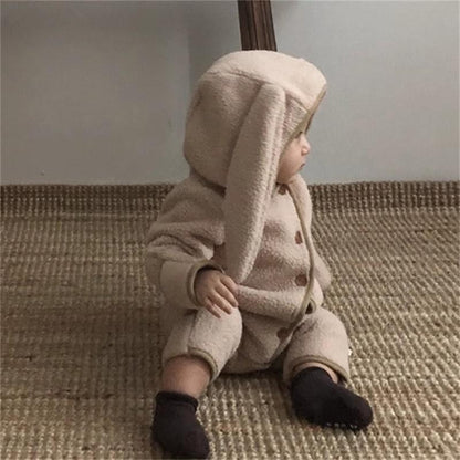 Velvet Autumn Winter Baby Fleece One-piece Kid Casual Jumpsuit, Solid Rabbit Ears Cardigan Romper for Girl or Boy