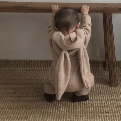 Velvet Autumn Winter Baby Fleece One-piece Kid Casual Jumpsuit, Solid Rabbit Ears Cardigan Romper for Girl or Boy