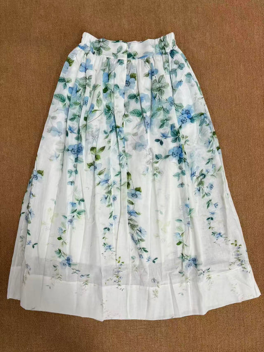 High Waist Midi Skirt for Women, Lightweight Linen, Flowy Watercolor Floral Boho, Summer Cottagecore Style