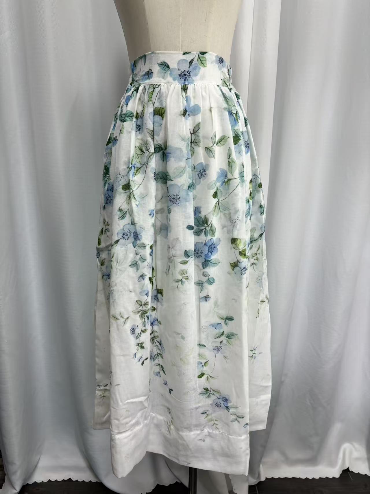 High Waist Midi Skirt for Women, Lightweight Linen, Flowy Watercolor Floral Boho, Summer Cottagecore Style