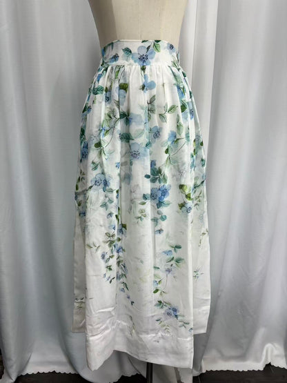 High Waist Midi Skirt for Women, Lightweight Linen, Flowy Watercolor Floral Boho, Summer Cottagecore Style