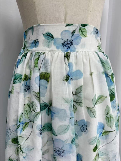 High Waist Midi Skirt for Women, Lightweight Linen, Flowy Watercolor Floral Boho, Summer Cottagecore Style