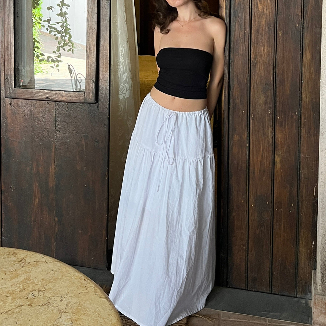 Ruffle Long Skirt for Women, Flowy A-Line Tiered Maxi Midi Skirt, Elastic Waist Drawstring Summer Vacation Beachwear